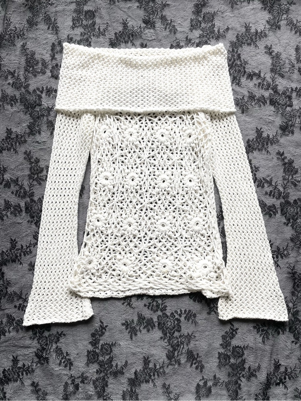White Off-the-Shoulder Crochet Sweater